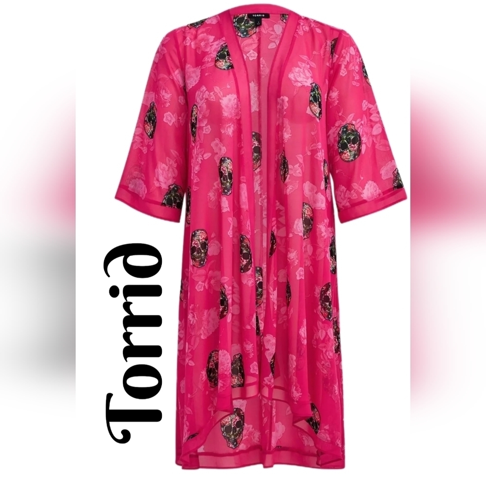 Torrid Womens Kimono Sz 00=M 10 Pink With Flowered Skulls Open Front Hi Lo hem